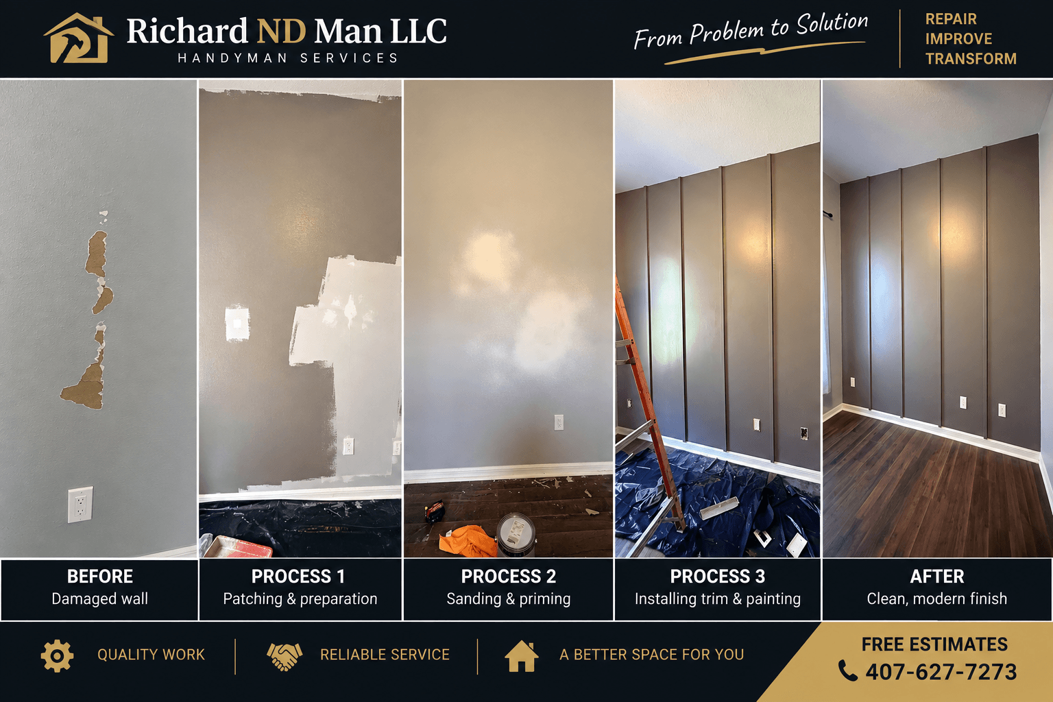 A damaged interior wall followed by patching, surface preparation, painting, vertical decorative trim installation, and the finished dark accent wall.