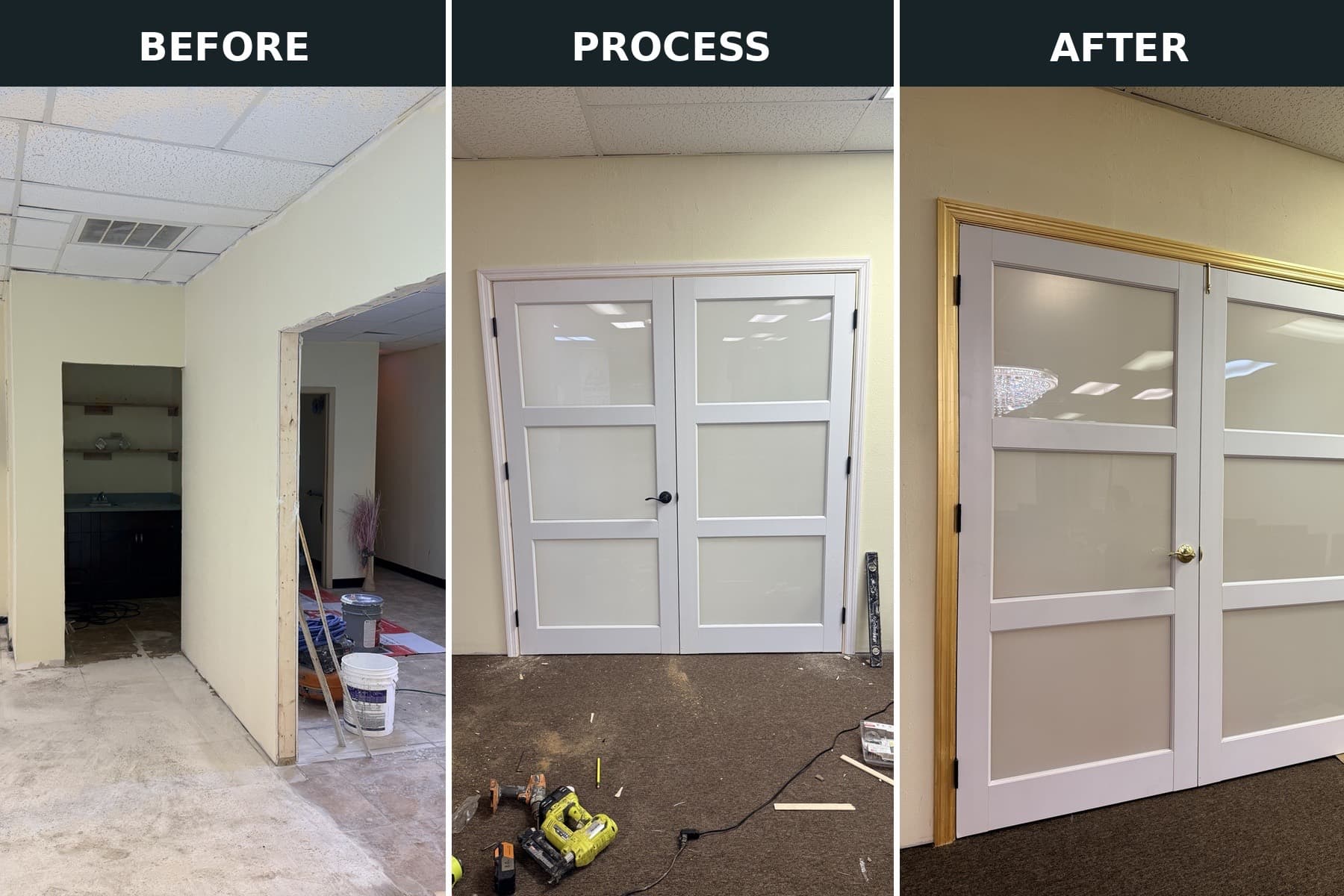 An open interior doorway, newly installed white double doors, and the doors with gold-colored trim and hardware.