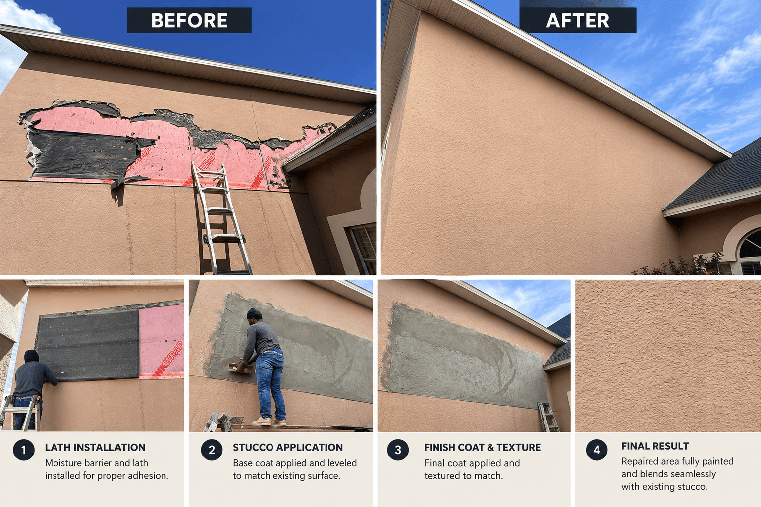 Exterior stucco repair showing a damaged house wall, preparation and stucco application, textured finishing, and the repaired wall painted to match the surrounding surface.