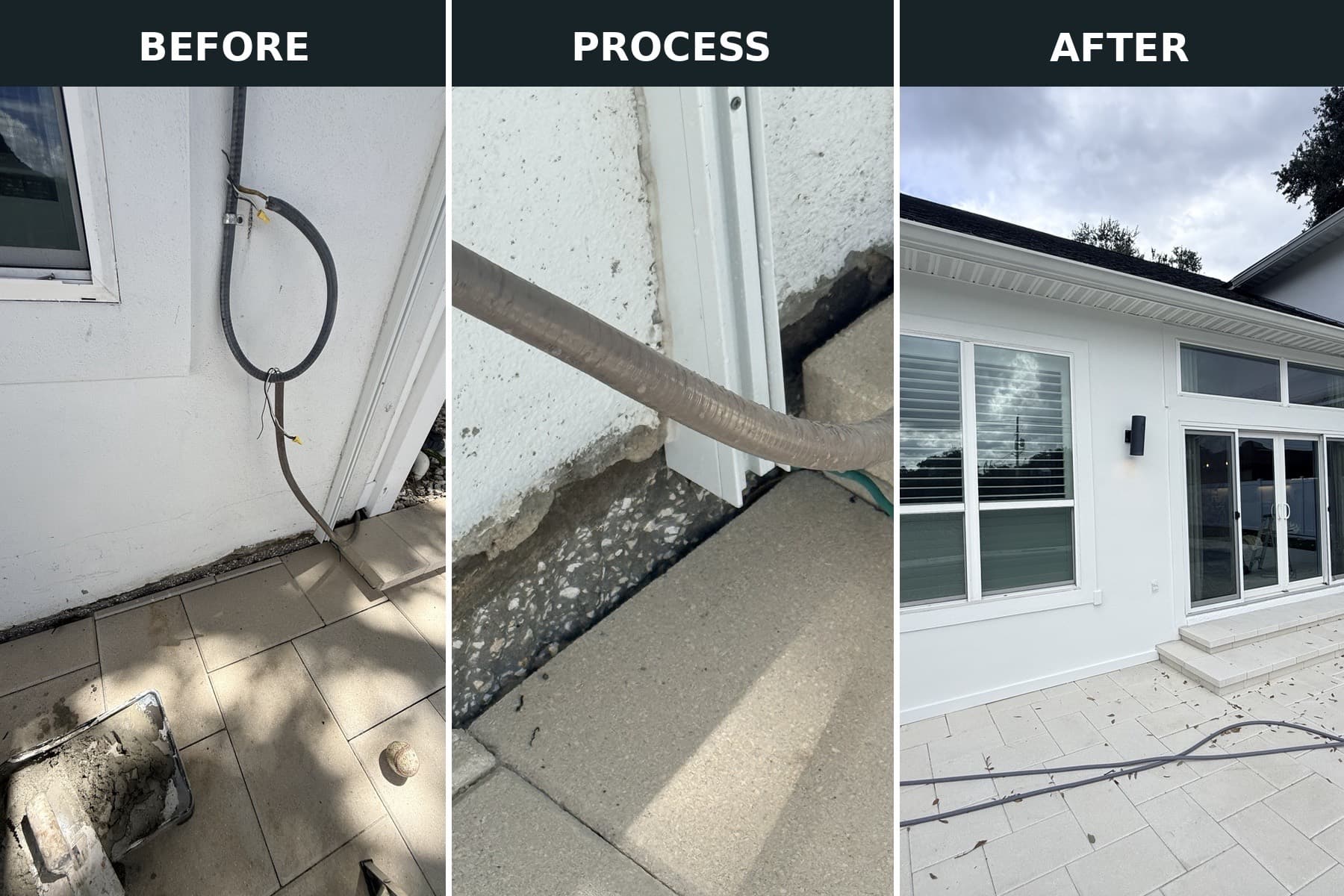 Three views of exterior wall repairs: damaged wall base, repair in progress, and finished white exterior around windows and patio doors.