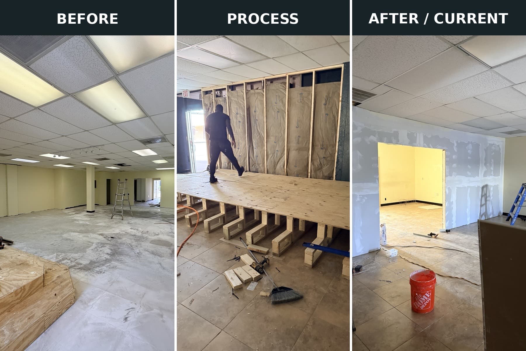 Interior renovation showing the original space, timber framing and a platform under construction, and drywall with joints being finished.