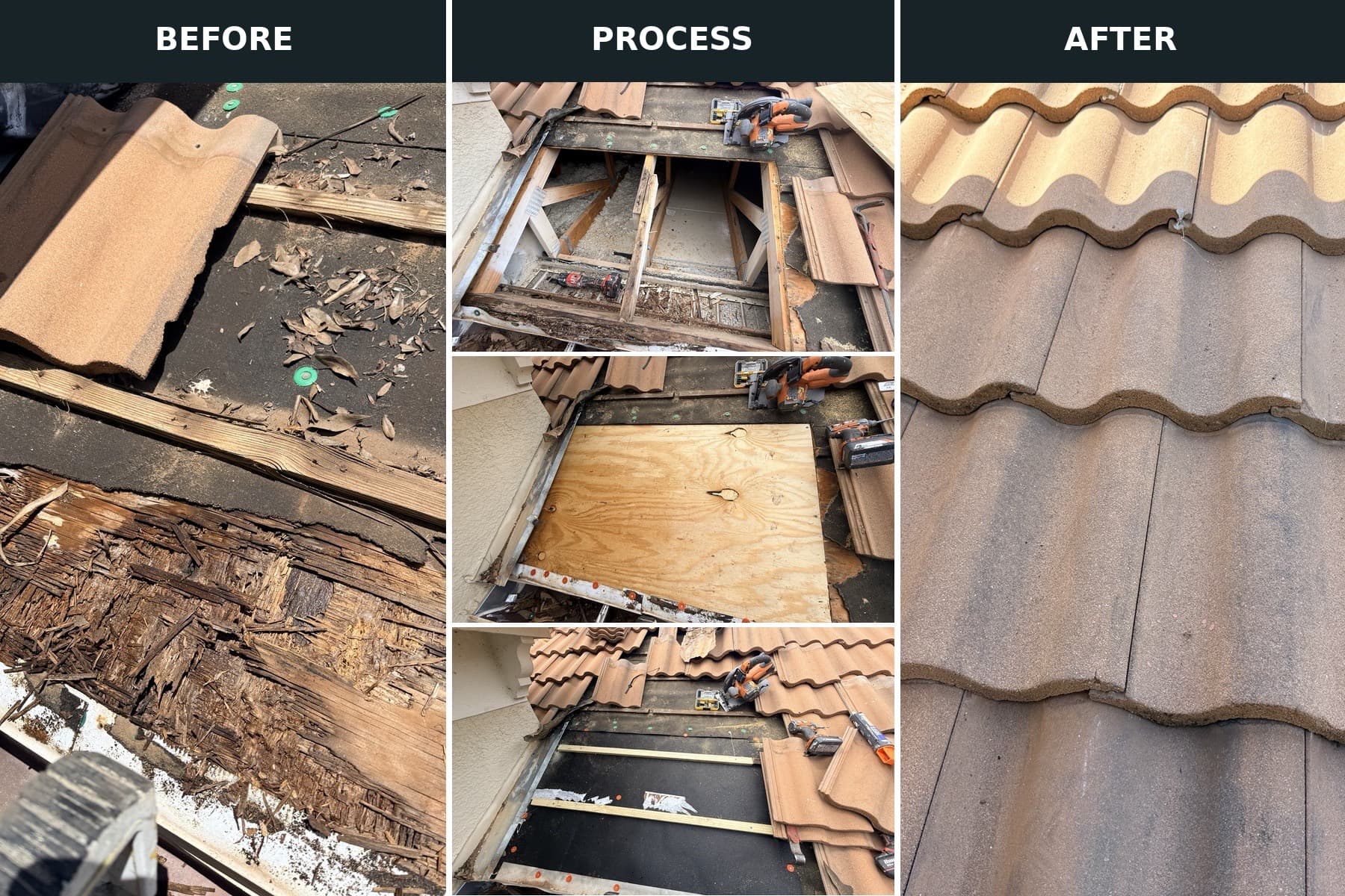 Tile roof repair showing deteriorated wood beneath removed tiles, replacement decking and underlayment during the repair, and tiles back in place.